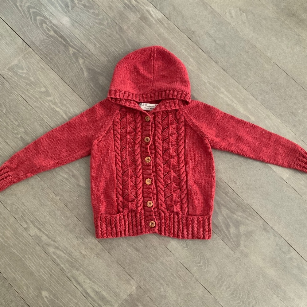 Hand knit Girls 8 9 10 Maroon Red Wool Cable Sweater